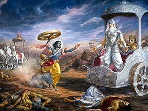 Krishna Wields Sudarshana Chakra Against Bhishma on the Battlefield of Kurukshetra HD wallpaper