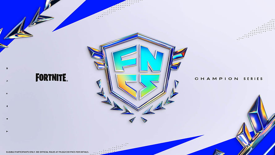 Fortnite FNCS Champion Series Emblem with Iridescent Shield and Blue Geometric Accents HD wallpaper