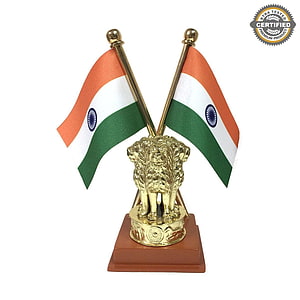 Golden Ashoka Lion Capital Desk Ornament with Dual Indian National Flags on Wooden Base HD phone wallpaper