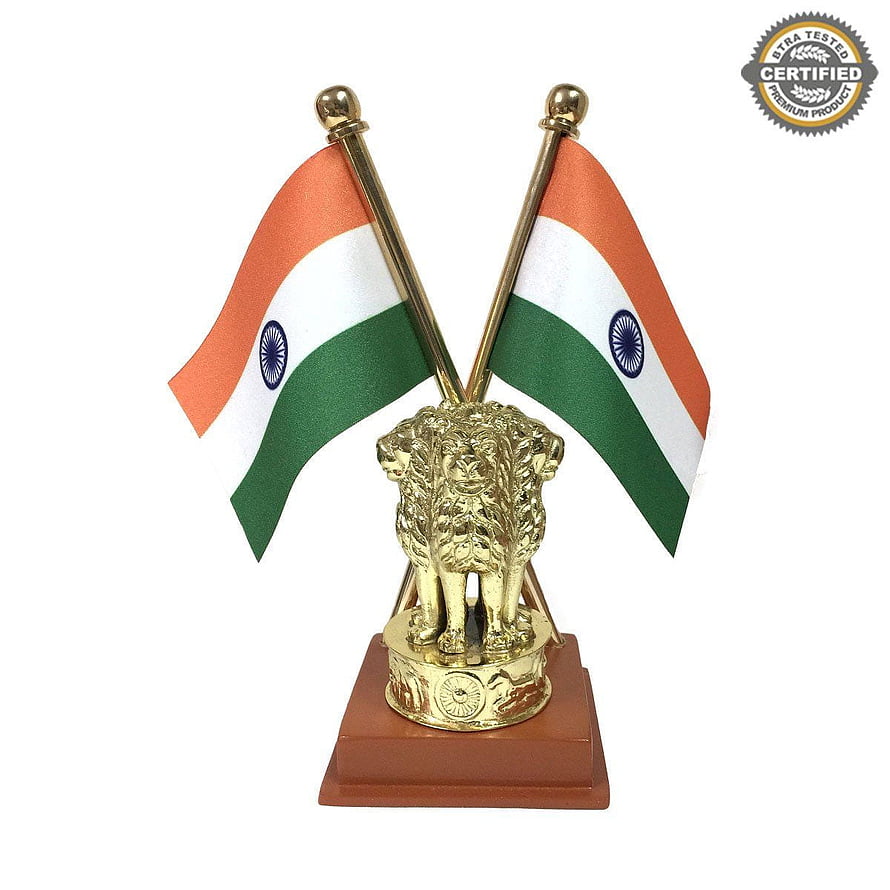 Golden Ashoka Lion Capital Desk Ornament with Dual Indian National Flags on Wooden Base HD phone wallpaper
