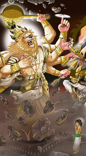 Narasimha Avatar of Vishnu in Fierce Lion-Human Form with Multiple Arms and Weapons, Narasimha by sarushivaanjali, #narasimha HD phone wallpaper