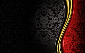 Elegant Black and Red Damask Pattern with Gold Swoosh Accent HD wallpaper