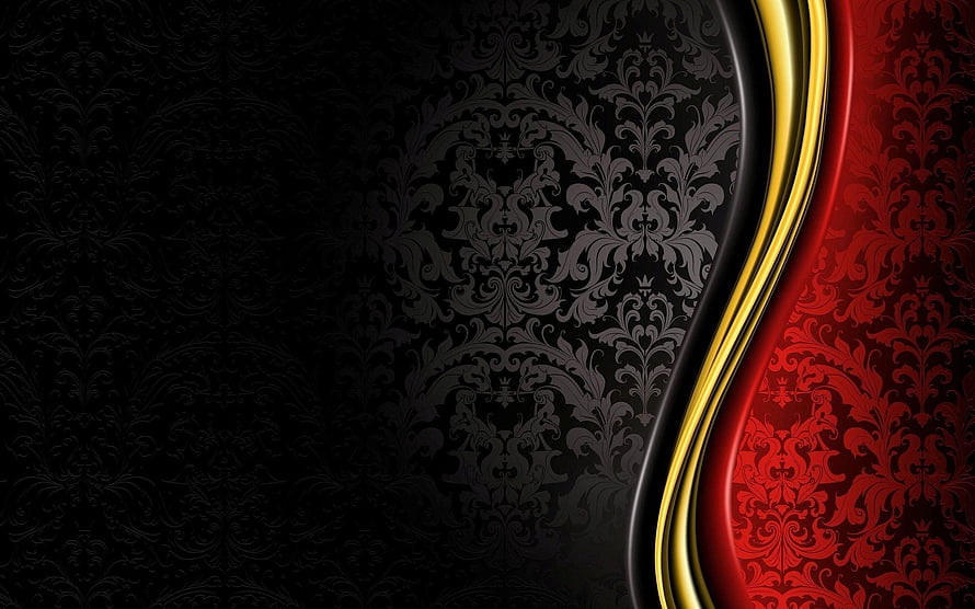 Elegant Black and Red Damask Pattern with Gold Swoosh Accent HD wallpaper