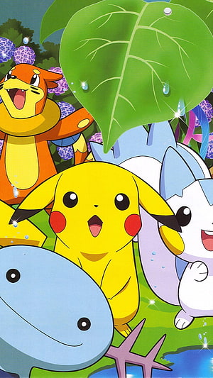 Cheerful Pikachu and Friends in a Vibrant Garden with Hydrangeas and Sparkling Water Drops HD phone wallpaper