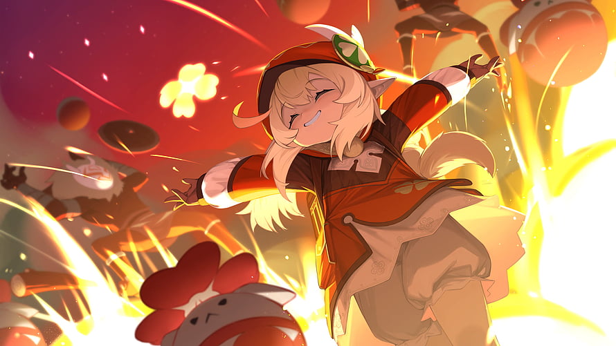 Klee from Genshin Impact in a Dynamic Action Pose Amidst Explosions and Fire HD wallpaper
