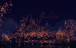 Tangled Lantern Festival Night Scene with Castle and Floating Lights HD wallpaper