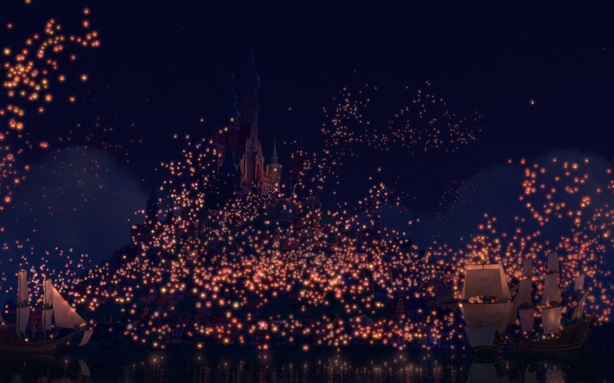 Tangled Lantern Festival Night Scene with Castle and Floating Lights HD wallpaper