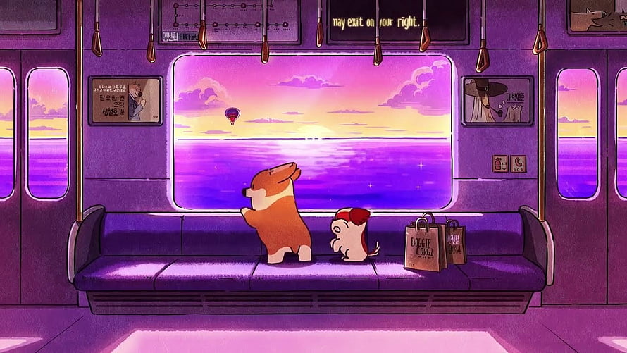 Doggie Corgi Animated Scene of Two Dogs Gazing at a Sunset Ocean View from a Train Window HD wallpaper