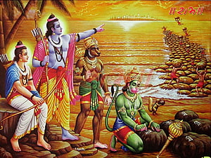 Ramayana Bridge Construction Scene with Rama, Hanuman, and Vanara Army HD wallpaper