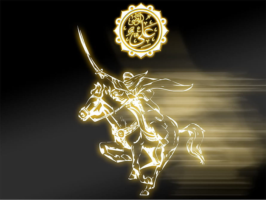Golden Glowing Knight on Horseback with Sword and Arabic Calligraphy Emblem HD wallpaper
