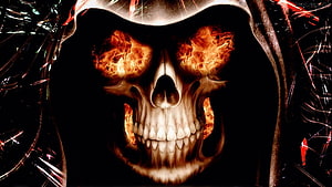 Burning Skull With Fiery Eyes And Glowing Flames On Black Background HD wallpaper
