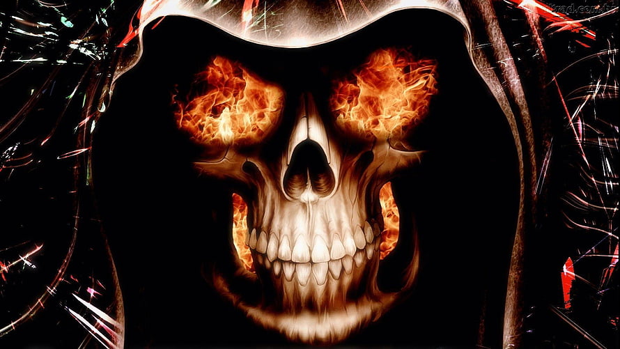 Burning Skull With Fiery Eyes And Glowing Flames On Black Background HD wallpaper