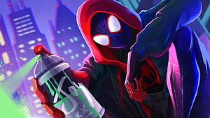 Miles Morales Spider-Man in Hooded Suit Holding Spray Paint Can Against Neon City Skyline, 1366x768 Spiderman Miles Morales With Spray Paint 1366x768 Resolution , Backgrounds, and, cool spray paint art HD wallpaper