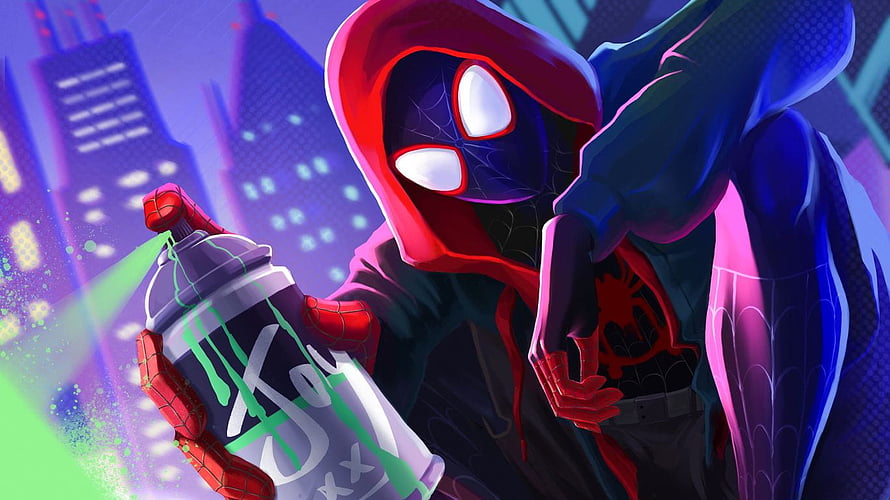 Miles Morales Spider-Man in Hooded Suit Holding Spray Paint Can Against Neon City Skyline, 1366x768 Spiderman Miles Morales With Spray Paint 1366x768 Resolution , Backgrounds, and, cool spray paint art HD wallpaper
