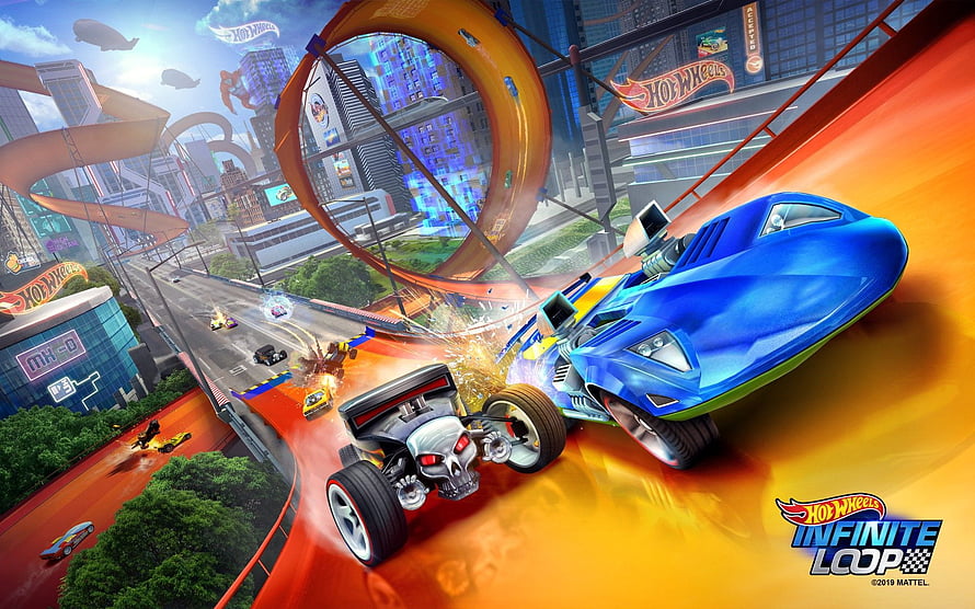 Hot Wheels Infinite Loop Racing Scene With Blue Car And Skull Vehicle On Orange Track HD wallpaper