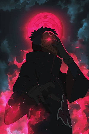 Obito Uchiha Activating Sharingan Eye in Crimson Chakra Aura HD phone wallpaper