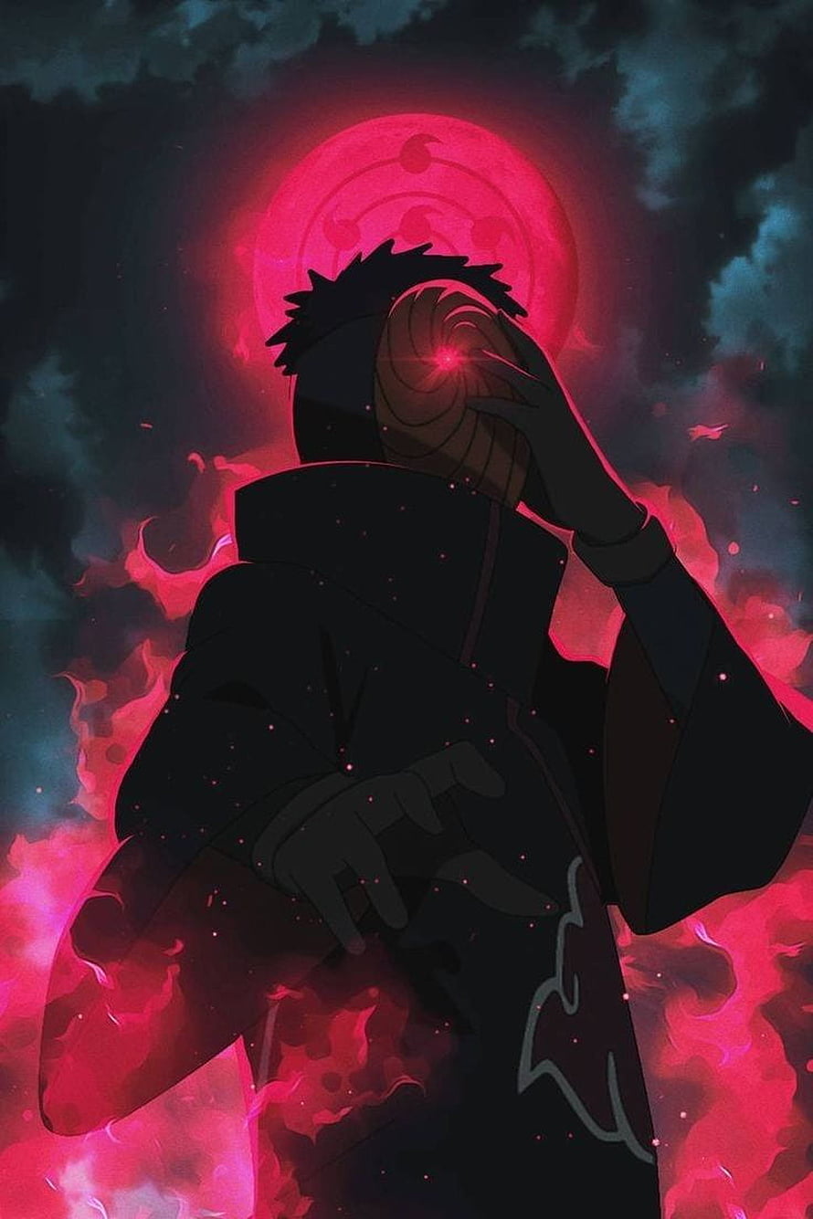 Obito Uchiha Activating Sharingan Eye in Crimson Chakra Aura HD phone wallpaper