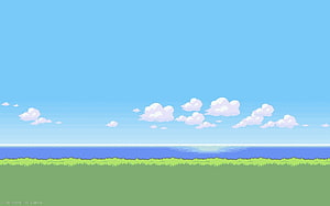 Pixel Art Pokemon Landscape with Blue Sky, Fluffy Clouds, and Green Grassland HD wallpaper