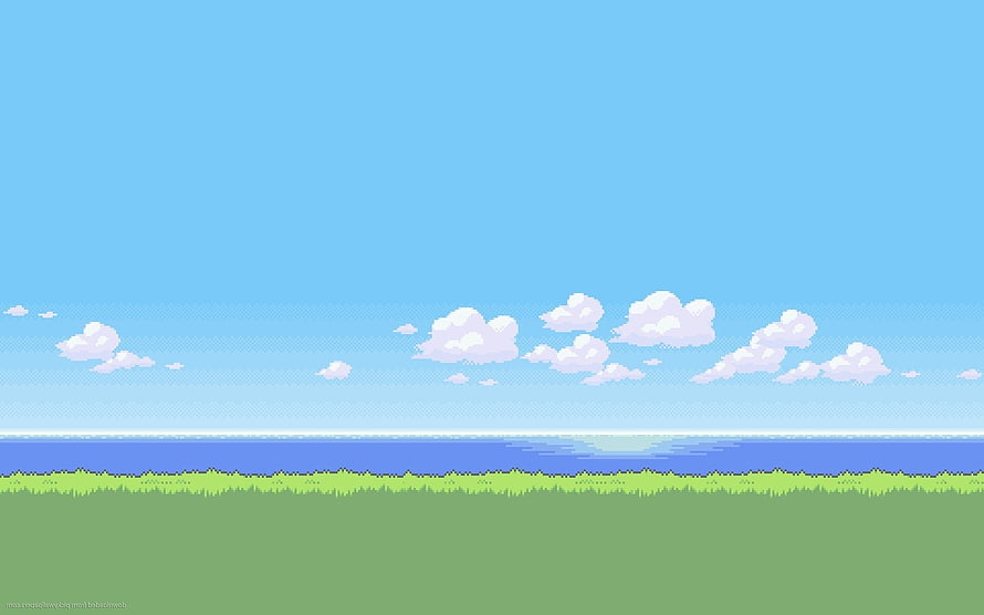 Pixel Art Pokemon Landscape with Blue Sky, Fluffy Clouds, and Green Grassland HD wallpaper