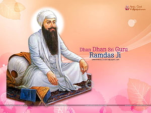 Guru Ram Das Ji Portrait in White Turban and Robes Seated on Ornate Cushion HD wallpaper