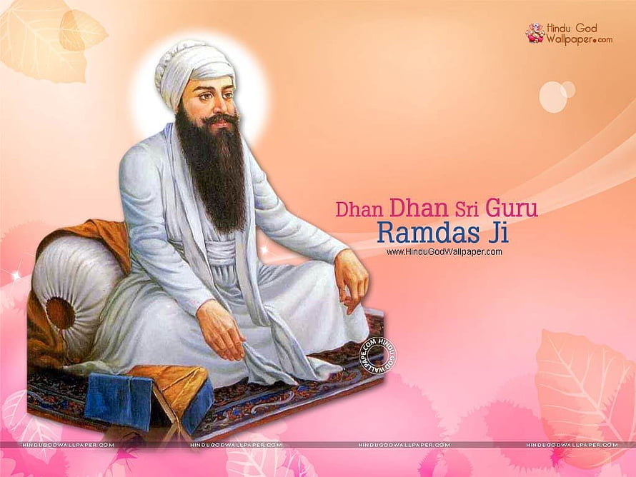 Guru Ram Das Ji Portrait in White Turban and Robes Seated on Ornate Cushion HD wallpaper