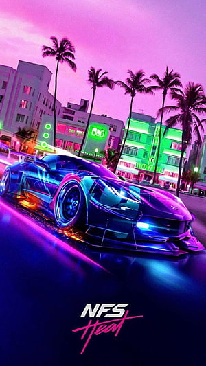 Need for Speed Heat Neon Supercar Artwork with Palm Trees and Miami Cityscape HD phone wallpaper