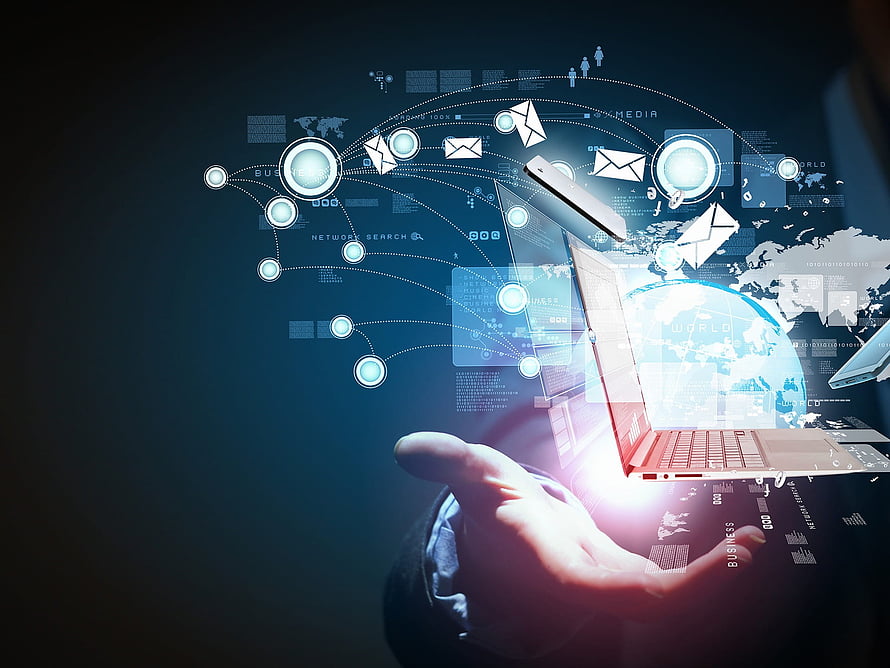 Hand Holding Laptop with Global Network and Digital Connectivity Visualization HD wallpaper