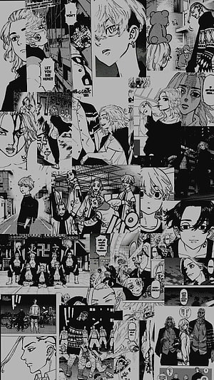 Tokyo Revengers manga panel collage featuring Mikey, Draken, and Tokyo Manji Gang members in black and white, anime tokyo revengers manga, #Tokyo Revengers HD phone wallpaper