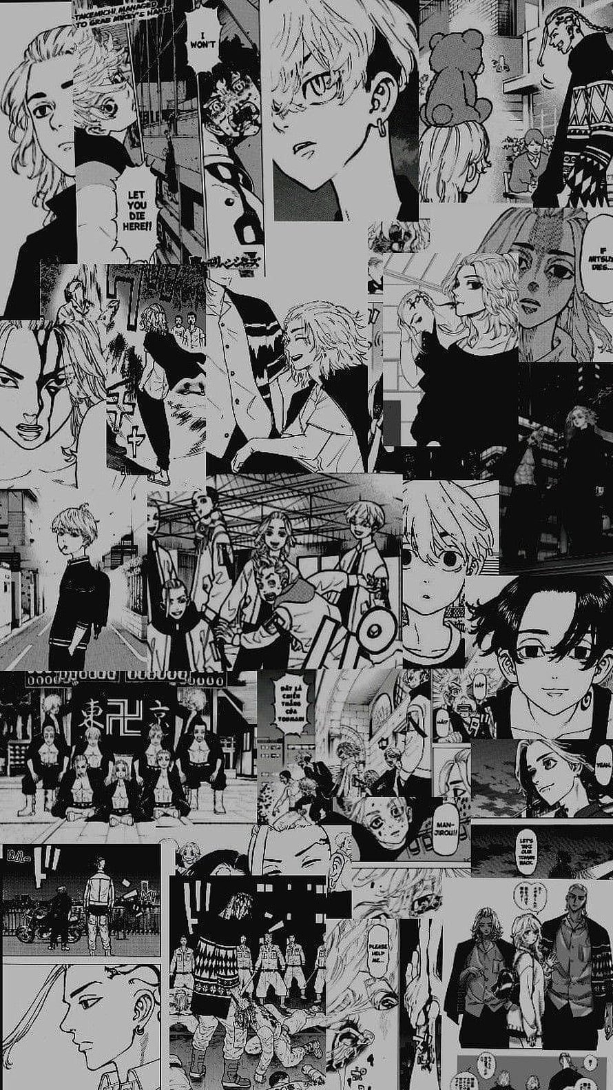 Tokyo Revengers manga panel collage featuring Mikey, Draken, and Tokyo Manji Gang members in black and white, anime tokyo revengers manga, #Tokyo Revengers HD phone wallpaper