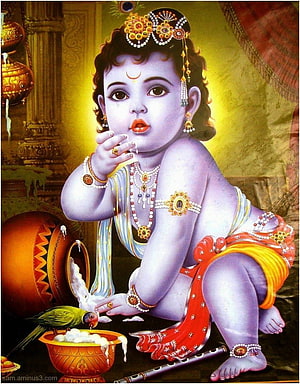Baby Krishna Eating Butter with Parrot and Flute HD phone wallpaper