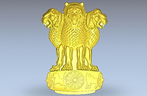 Golden Ashoka Lion Capital Sculpture with Dharma Wheel and Animal Motifs HD wallpaper