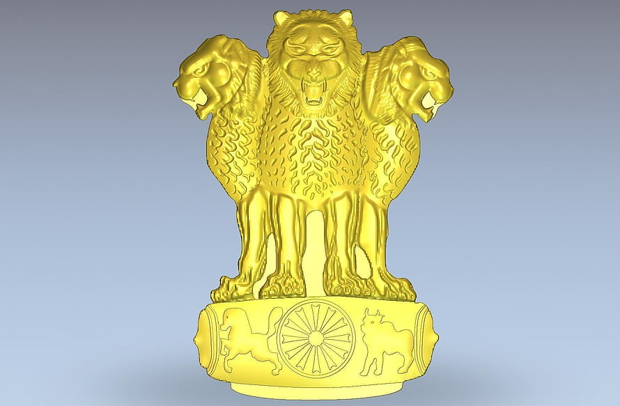 Golden Ashoka Lion Capital Sculpture with Dharma Wheel and Animal Motifs HD wallpaper