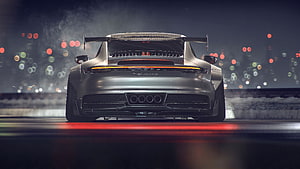 Silver Porsche 911 GT3 RS Rear View on Wet City Street at Night HD wallpaper