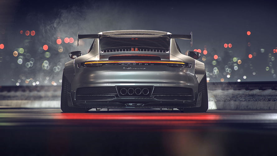 Silver Porsche 911 GT3 RS Rear View on Wet City Street at Night HD wallpaper