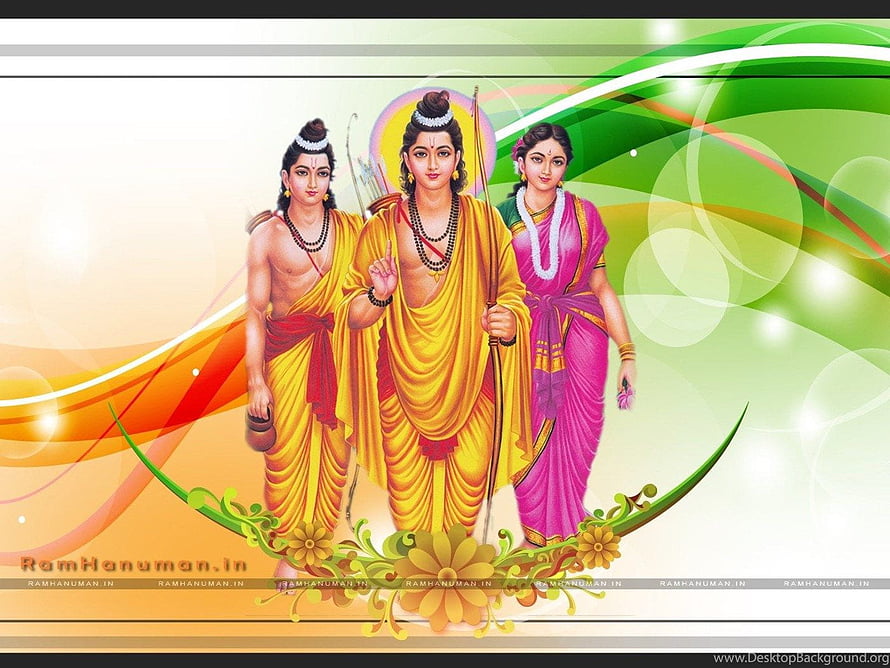Lord Rama, Sita, and Lakshmana in Traditional Indian Mythological Art HD wallpaper
