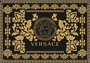 Versace Gold Medusa Logo Ornate Floral Pattern on Black Background HD wallpaper