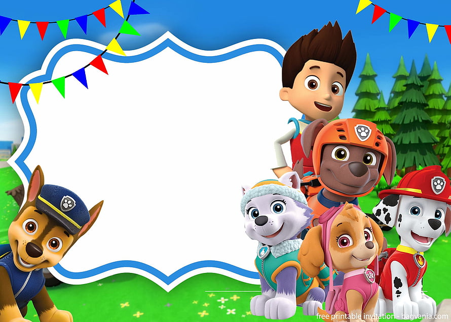 Paw Patrol Birthday Party Invitation Template with Chase, Marshall, Skye, Everest, and Ryder HD wallpaper