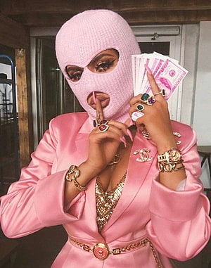 Woman in pink ski mask and satin blazer holding cash with luxury jewelry, Tumblr Baddie Gangsta Ski Mask Aesthetic, girl pink ski mask HD phone wallpaper