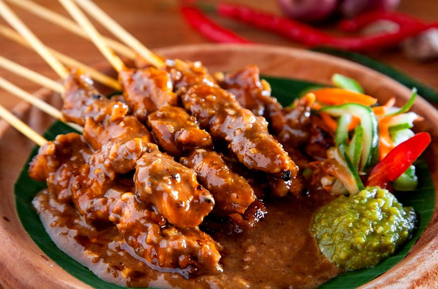 Sate Ayam Indonesian Grilled Chicken Skewers with Peanut Sauce and Fresh Vegetable Salad HD wallpaper