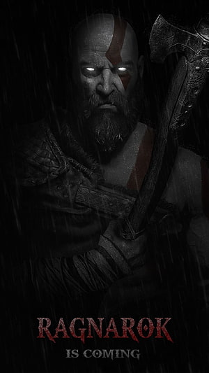 Kratos from God of War Ragnarok holding his axe in the rain with glowing eyes HD phone wallpaper