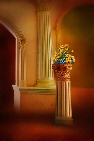 Classical Roman Columns and Flower Arrangement in Warm Golden Interior, Studio Backgrounds Group, studio background psd HD phone wallpaper