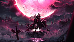Dark Fantasy Warriors Standing Before a Giant Pink Moon Over a Ruined Castle HD wallpaper