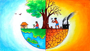 Save the Environment Hand-Painted Illustration: Tree Planting vs. Industrial Pollution HD wallpaper