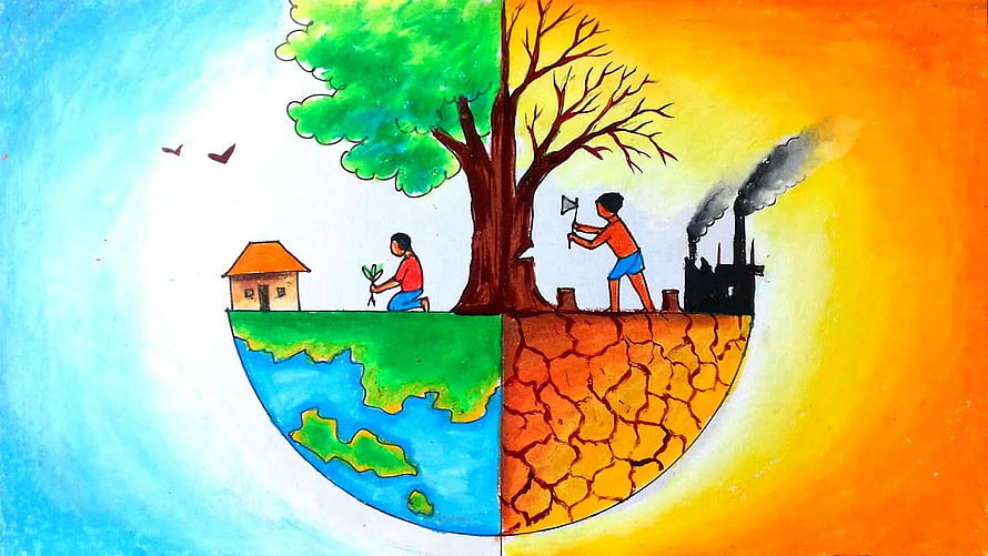 Save the Environment Hand-Painted Illustration: Tree Planting vs. Industrial Pollution HD wallpaper