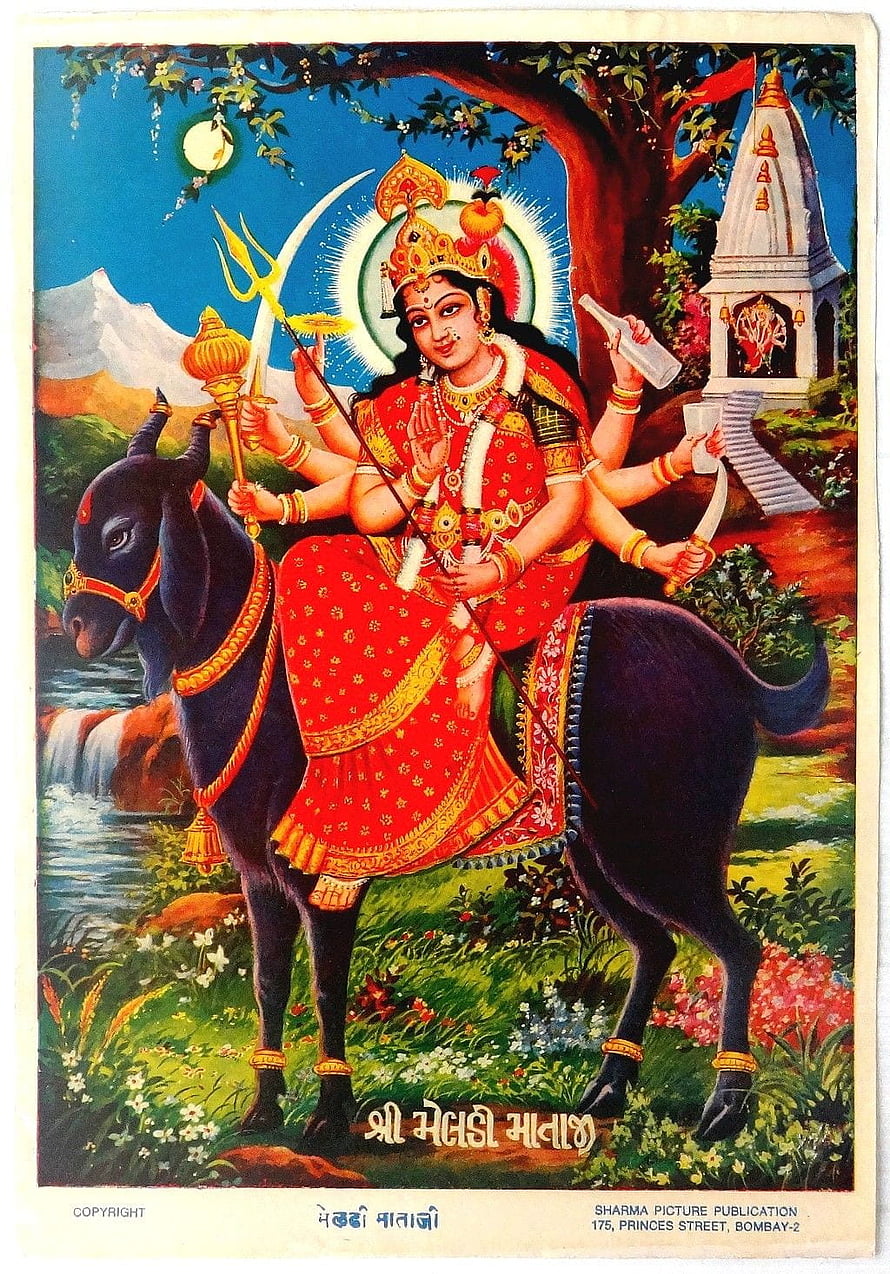 Maa Durga Riding Nandi Bull in Traditional Indian Mythological Art HD phone wallpaper
