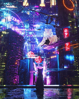 Cyberpunk Cityscape with Silhouette Cat and Neon Holograms HD phone wallpaper