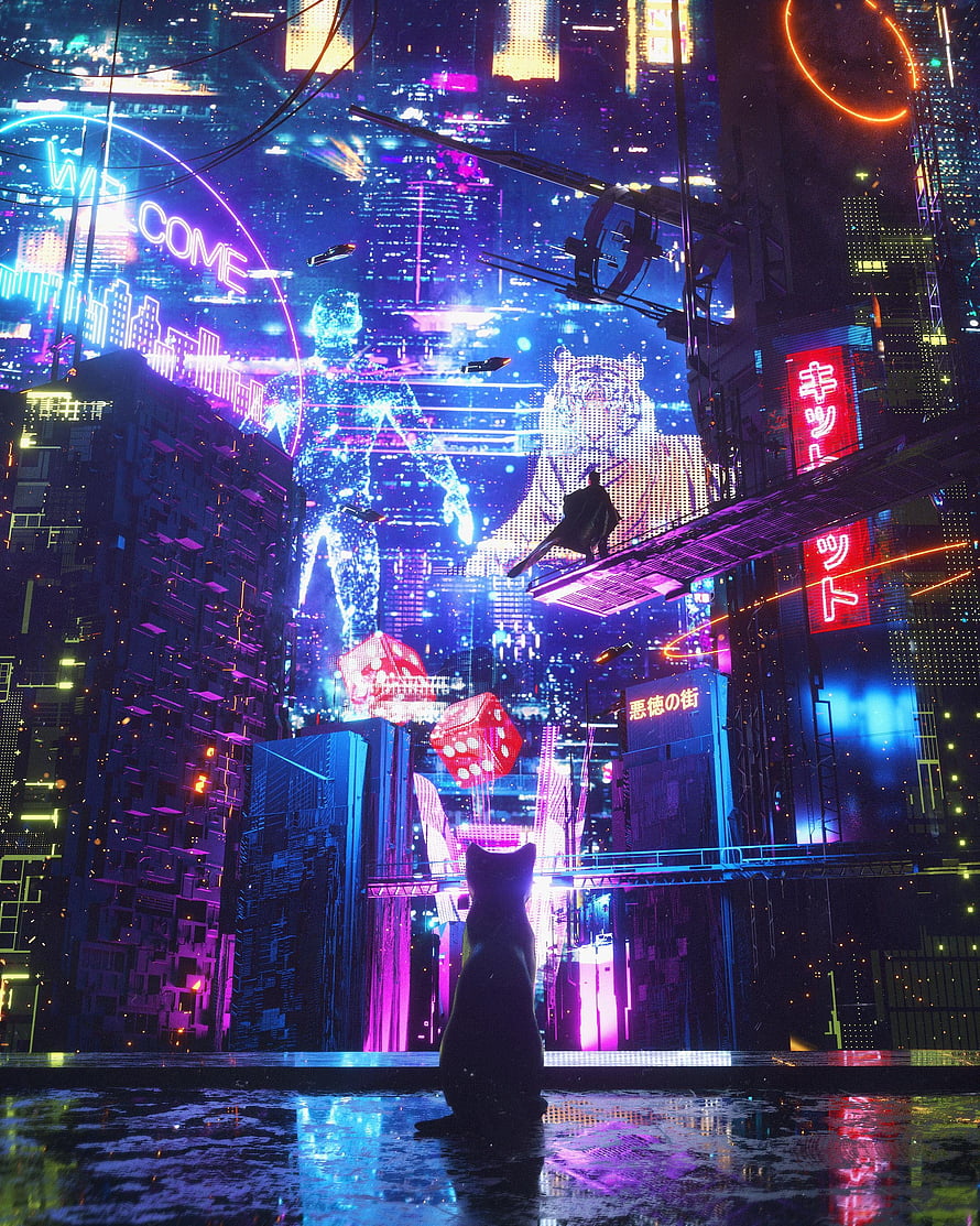Cyberpunk Cityscape with Silhouette Cat and Neon Holograms HD phone wallpaper