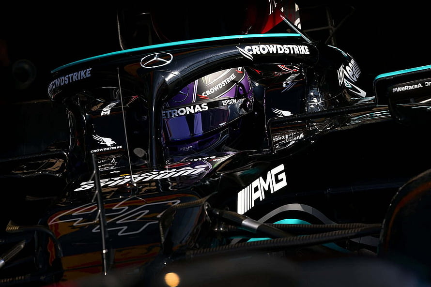 Lewis Hamilton Mercedes AMG F1 Car Close-Up with Petronas and CrowdStrike Livery HD wallpaper