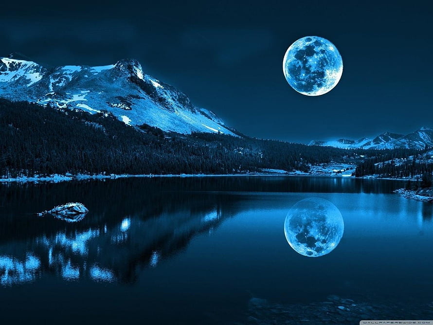 Serene Night Landscape With Giant Blue Moon Reflected In Calm Mountain Lake HD wallpaper