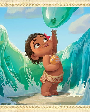 Baby Moana Reaching for a Floating Orb in a Polynesian Ocean Scene HD phone wallpaper